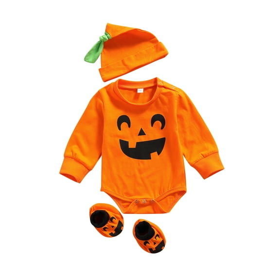 Spring hue Newborn Baby Girls Boys Halloween 3Pcs Outfits, Pumpkin Romper + Hat + Shoes