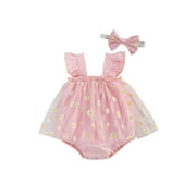 Spring hue Newborn Baby Girls Mesh Romper Suspender Skirt Princess Dress + Headband Set