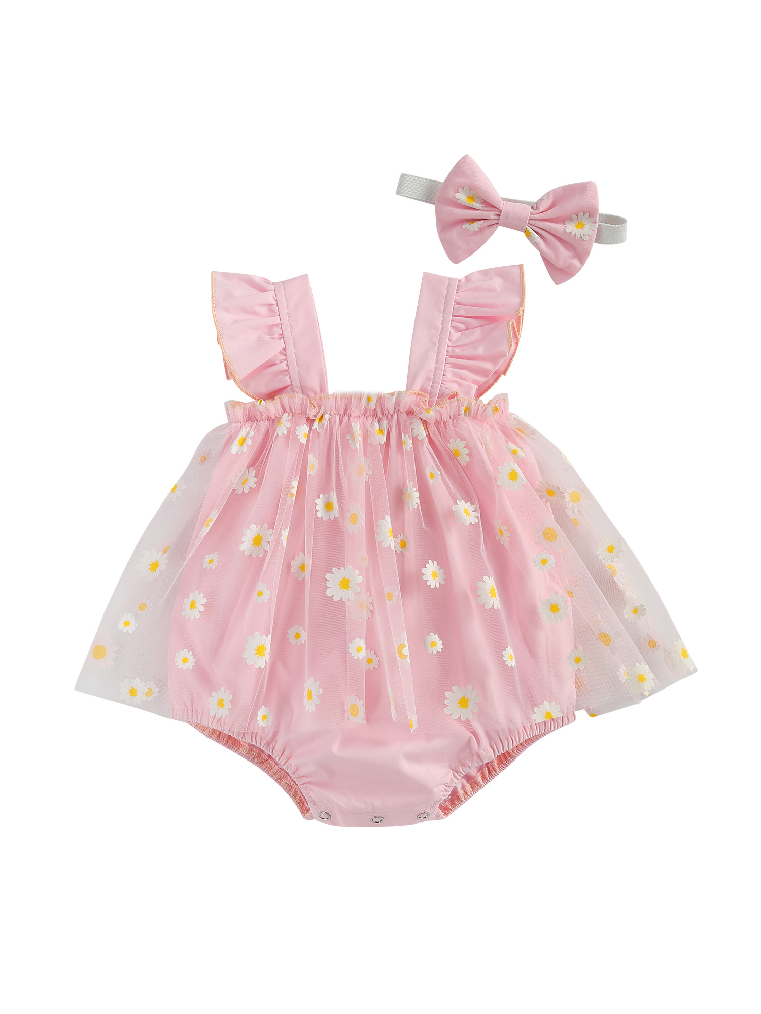 Spring hue Newborn Baby Girls Mesh Romper Suspender Skirt Princess Dress + Headband Set
