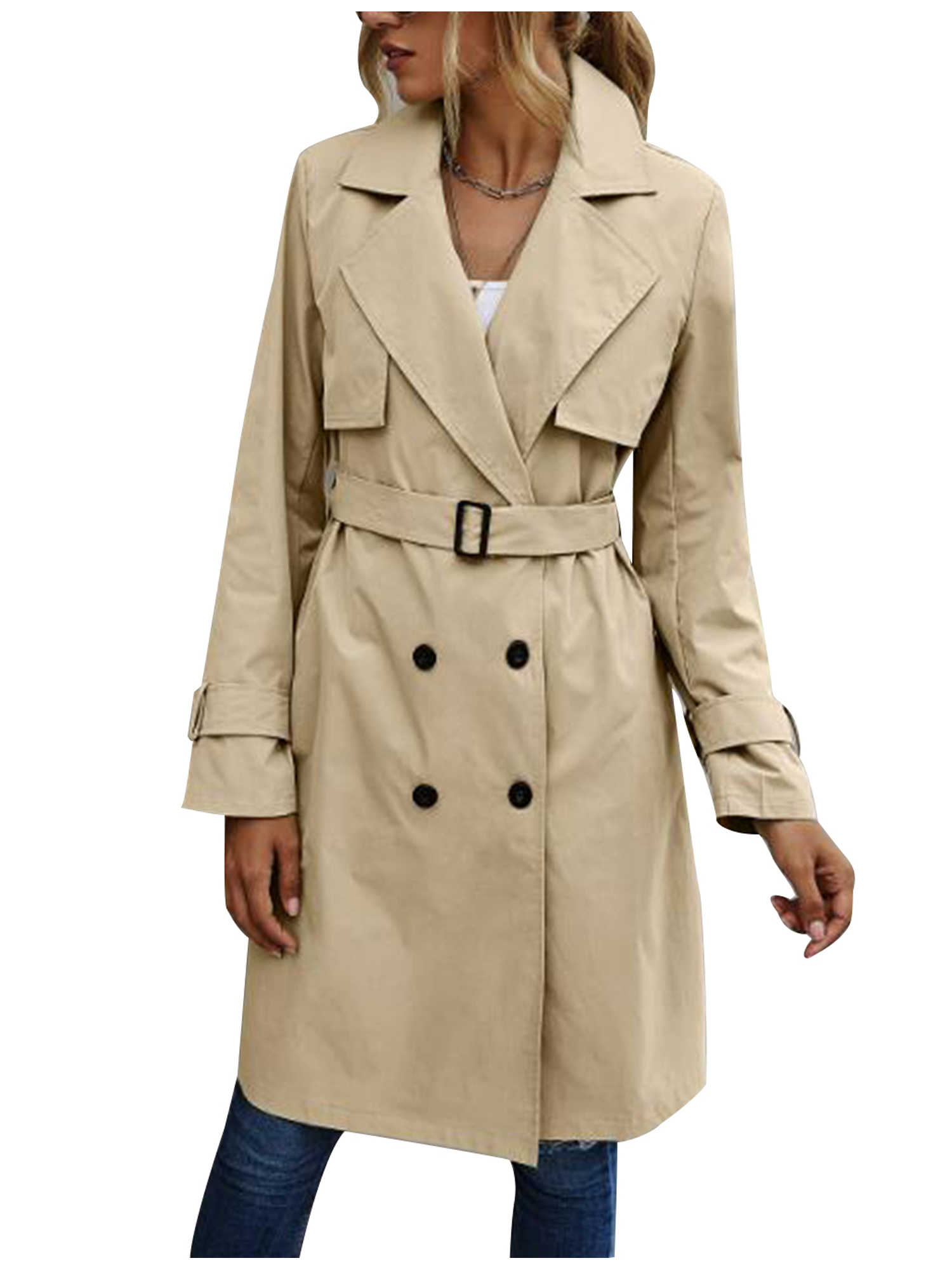Spring hue Women Jacket Long Sleeve Lapel Double Breasted Belted Trench Coat - image 1 of 5