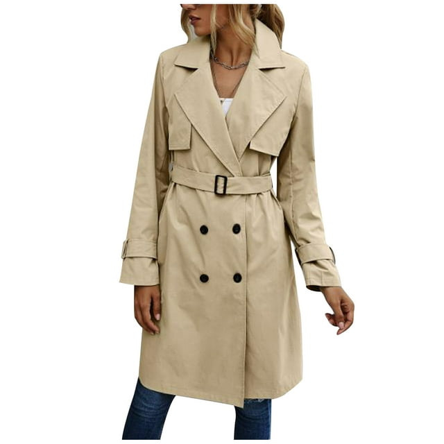 Spring hue Women Jacket Long Sleeve Lapel Double Breasted Belted Trench Coat