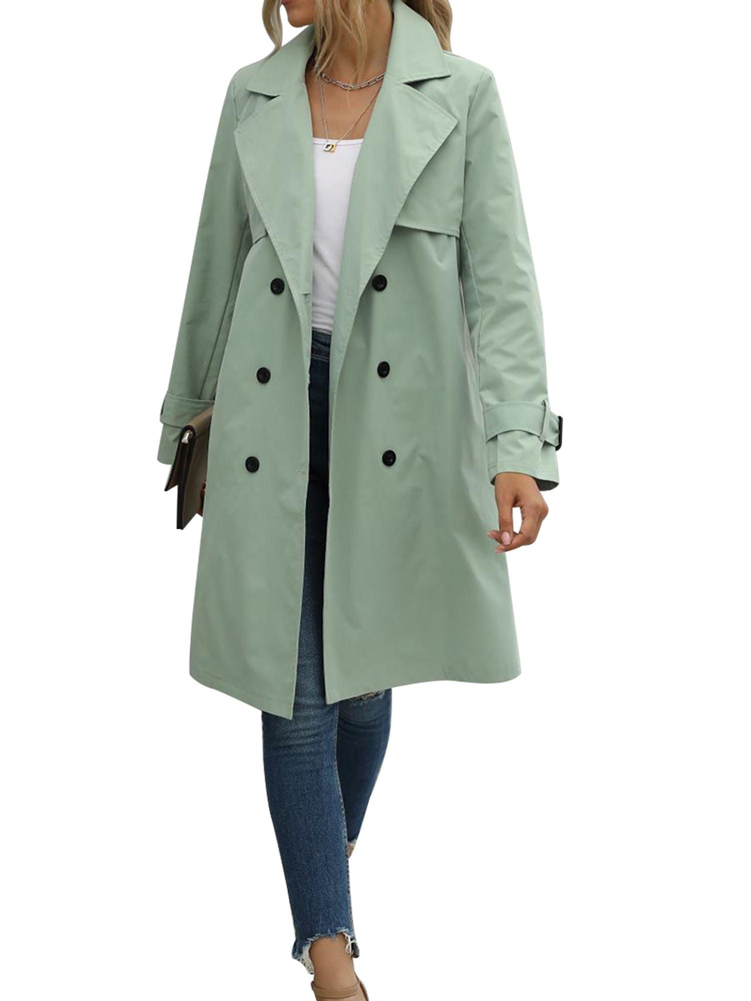 Spring hue Women Jacket Long Sleeve Lapel Double Breasted Belted Trench Coat - image 1 of 6