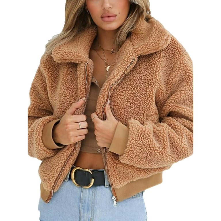 Spring hue Womens Thick Warm Teddy Bear Pocket Fleece Jacket Zip Up Overcoat