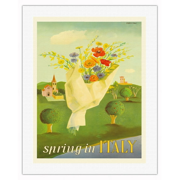Spring in Italy - Vintage Travel Poster by Delfo Previtali c.1950s - Fine Art Rolled Canvas Print 20in x 26in