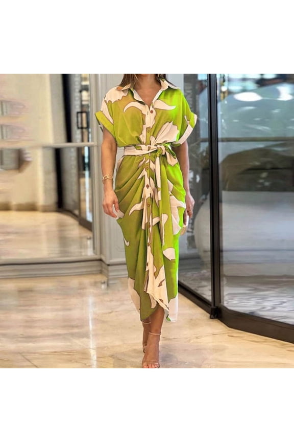 Spring new arrival women's fashion elegant collared printed tie-waist high-waisted dress, stylish and comfortable