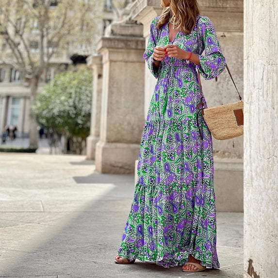 Spring new elegant V-neck bohemian print maxi dress