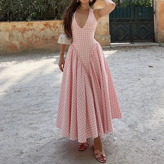 Spring new women's clothing, European and American French style dress, elegant ins-style halter neck pleated waist-cinching long dress