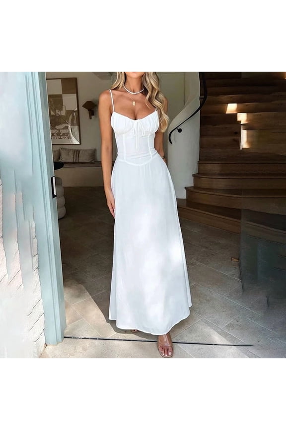 Spring new women's clothing European and American style dress, lace-up A-line solid color suspender dress