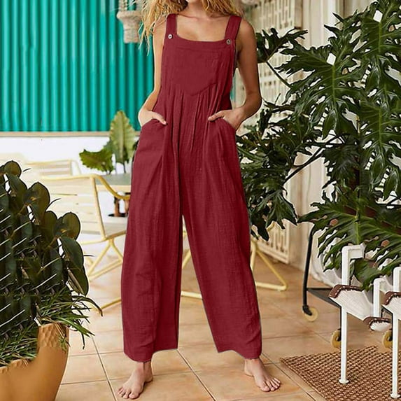 Spring's New Arrivals,AXXD Loose Jumpsuit Suspender Pants Wide Leg Solid Overalls Jumpsuit For Women Petite Clearance Red 16