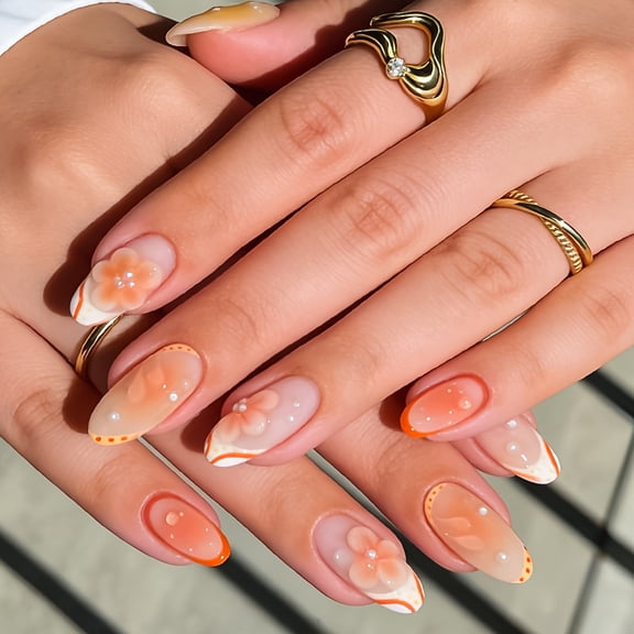 Spring and summer glossy almond-shaped press-on nails, orange-pink gradient, 3D full-piece three-dimensional glue-drip flowers & pearls, 24-piece false nails