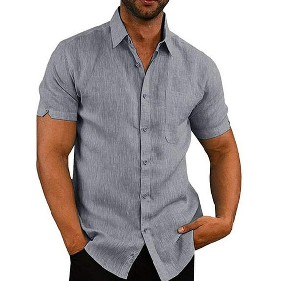 SpringTTC Men Button Down Lapel Neck Short Sleeve Solid Casual Shirt