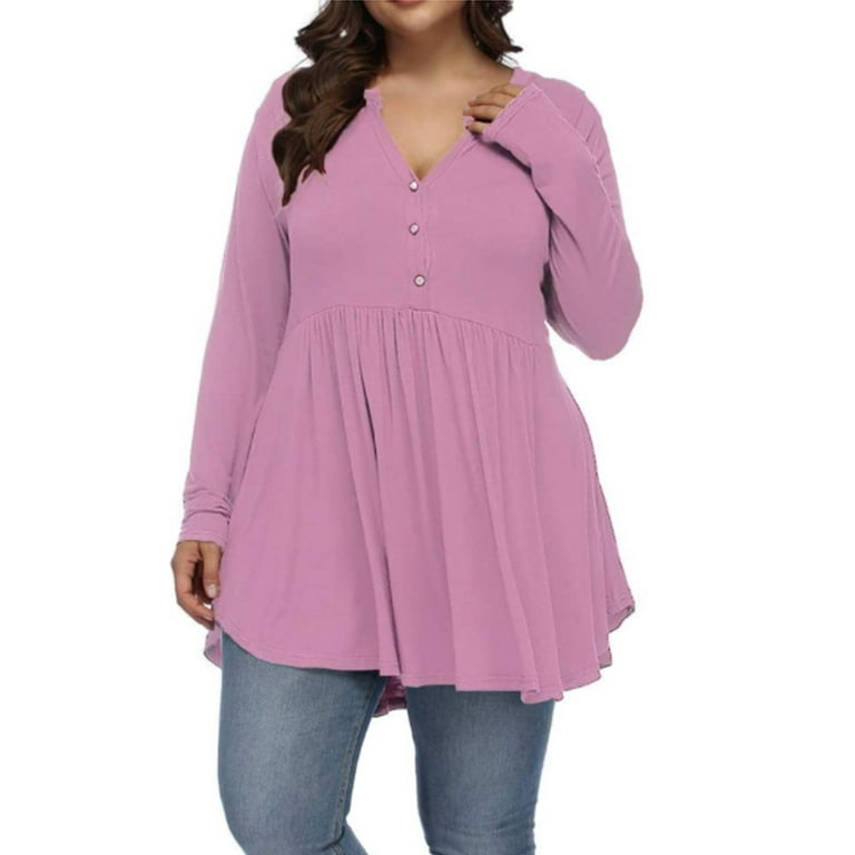 SpringTTC Women Casual Pure Long Sleeve V-Neck Loose Fit T-Shirt Blouse Tops  Plus Size 