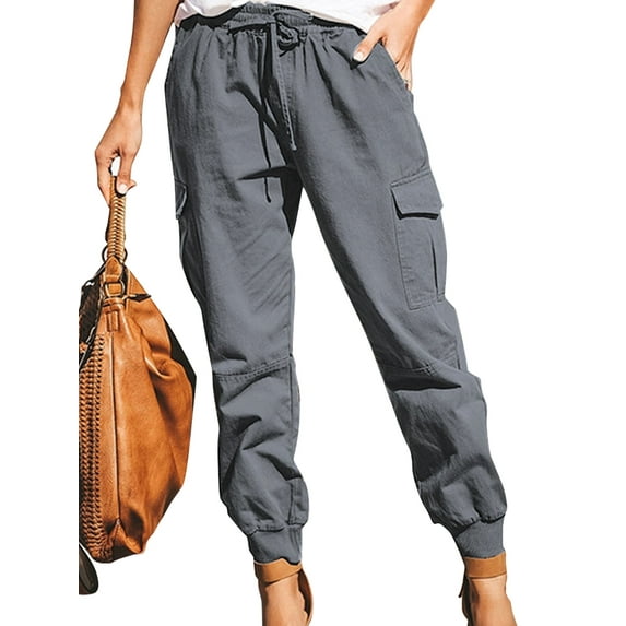 SpringTTC Women Elastic Waist Cargo Drawstring Pants Jogger Cropped Trousers