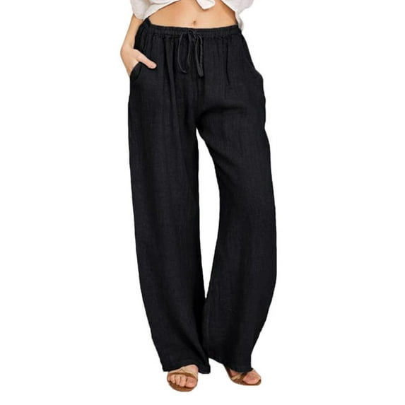 SpringTTC Women Linen Solid Color Straight Leg Drawstring Side Pockets Casual Pants