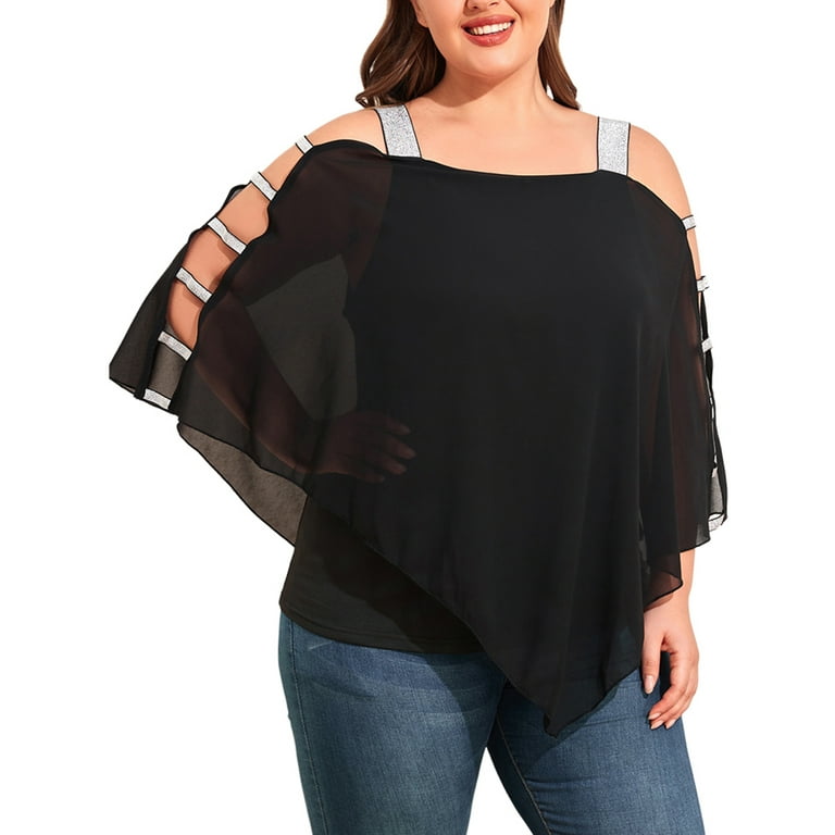 Cold Shoulder Lacing Up V-neck Solid Chiffon Plus Size Tops Cold Shoulder Lacing Up V-neck Solid Chiffon Plus Size Tops