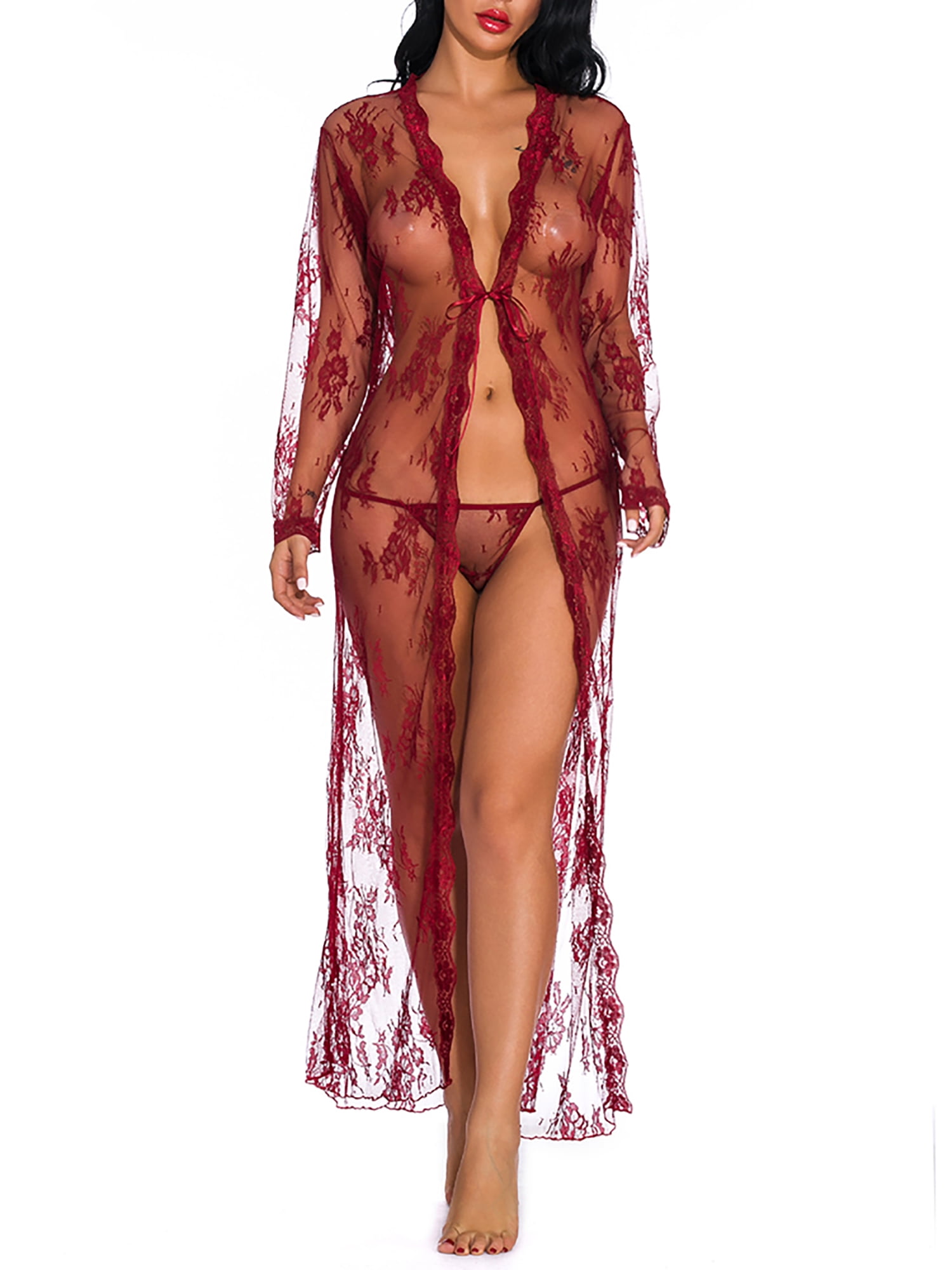 SpringTTC Women Sexy Lace Long Dress Sheer Gown See Through Lingerie Kimono  Robe - Walmart.com