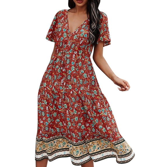 SpringTTC Women's Bohemian Printed Loose Flowy Summer Casual Dress