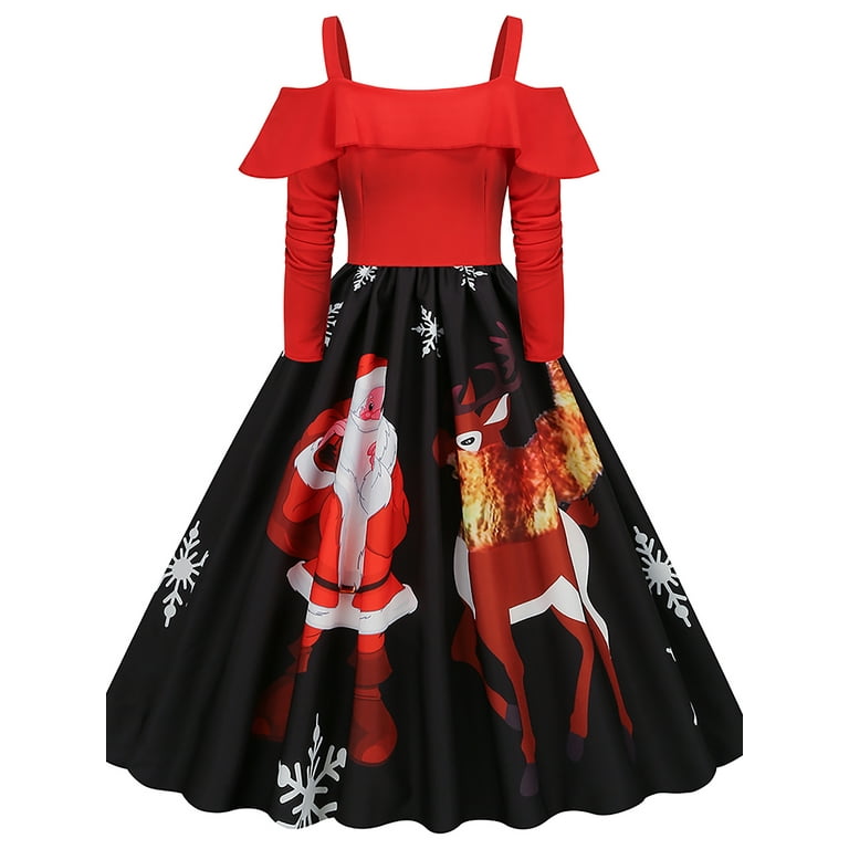 SpringTTC Women s Cold Shoulder Spaghetti Strap Christmas Santa Claus Snow Print A Line Dress Walmart