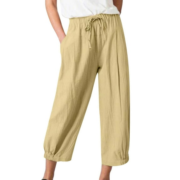 SpringTTC Womens Cotton Linen Solid Color Draw String Elastic Waist Pockets Casual Pants