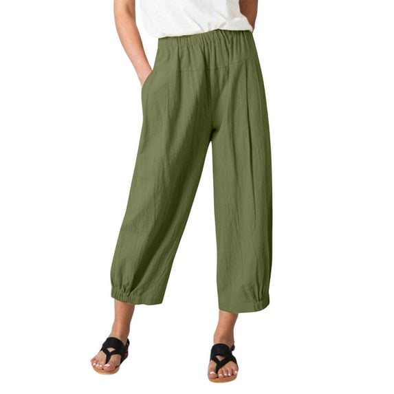 SpringTTC Womens Cotton Linen Summer Thin Wide Leg Cropped Pants High Waist Relaxed Fit Harem Pants