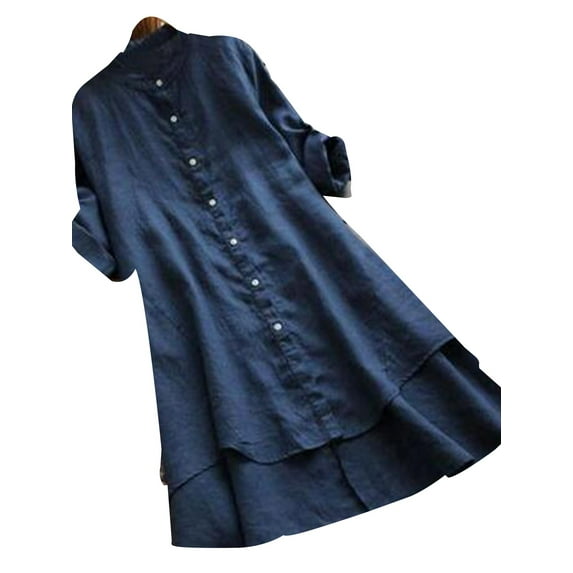 SpringTTC Womens Plus Size Cotton Linen Long Sleeve Loose Waist Henley Button Shirt Dresses