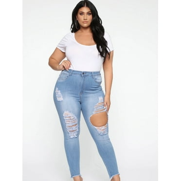 SpringTTC Womens Plus Size Slim Fit Hole Bagi Curve Ripped Destructed Jeans