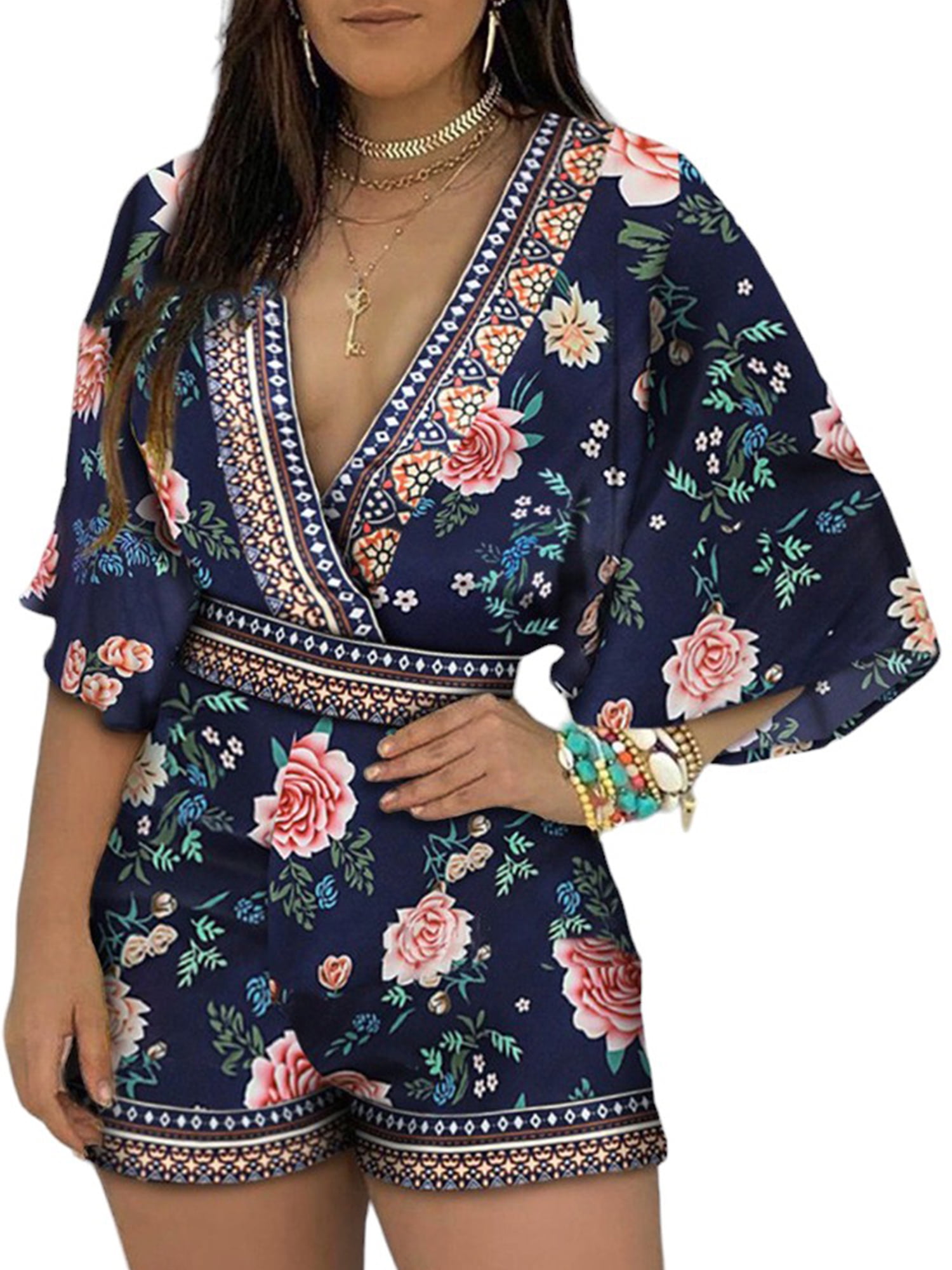 Women's Boho Print Jumpsuit – V-Neck Half Sleeve Jumpsuit With Pockets, Straight Leg Trousers