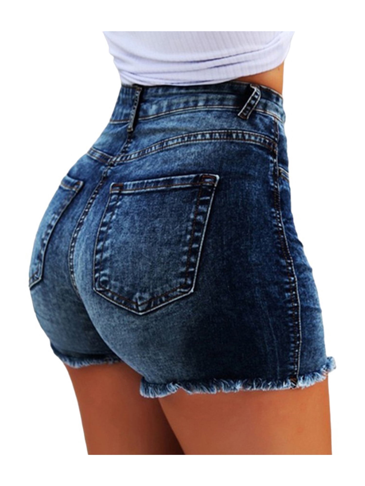 Women's Raw Hem Distressed Denim Shorts with Pockets - Western Cowgirl Rocker Style
