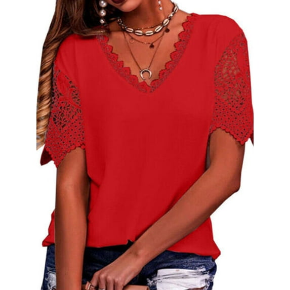 SpringTTC Womens Summer Short Sleeve V-Neck Solid Color Lace Stitching Loose Blouses