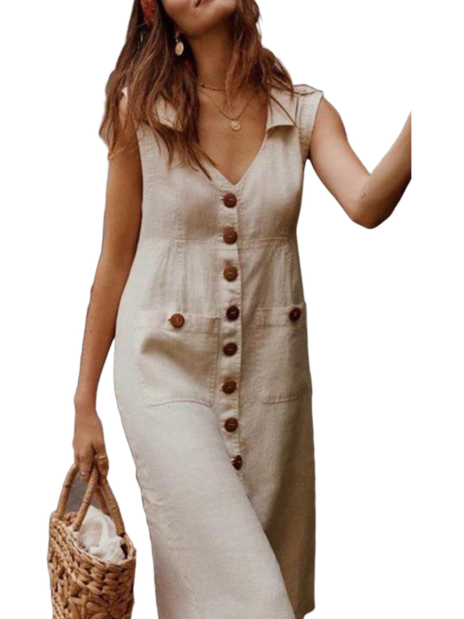 SpringTTC Womens Summer Solid Single Breasted Sleeveless V-Neck Pockets ...