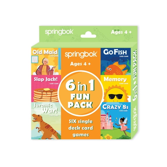 Springbok Children's 6 in 1 fun pack of 6 Classic Card Games for Kids, Old Maid, Slap Jack, GO Fish, Memory, Crazy 8's and Jurassic War.
