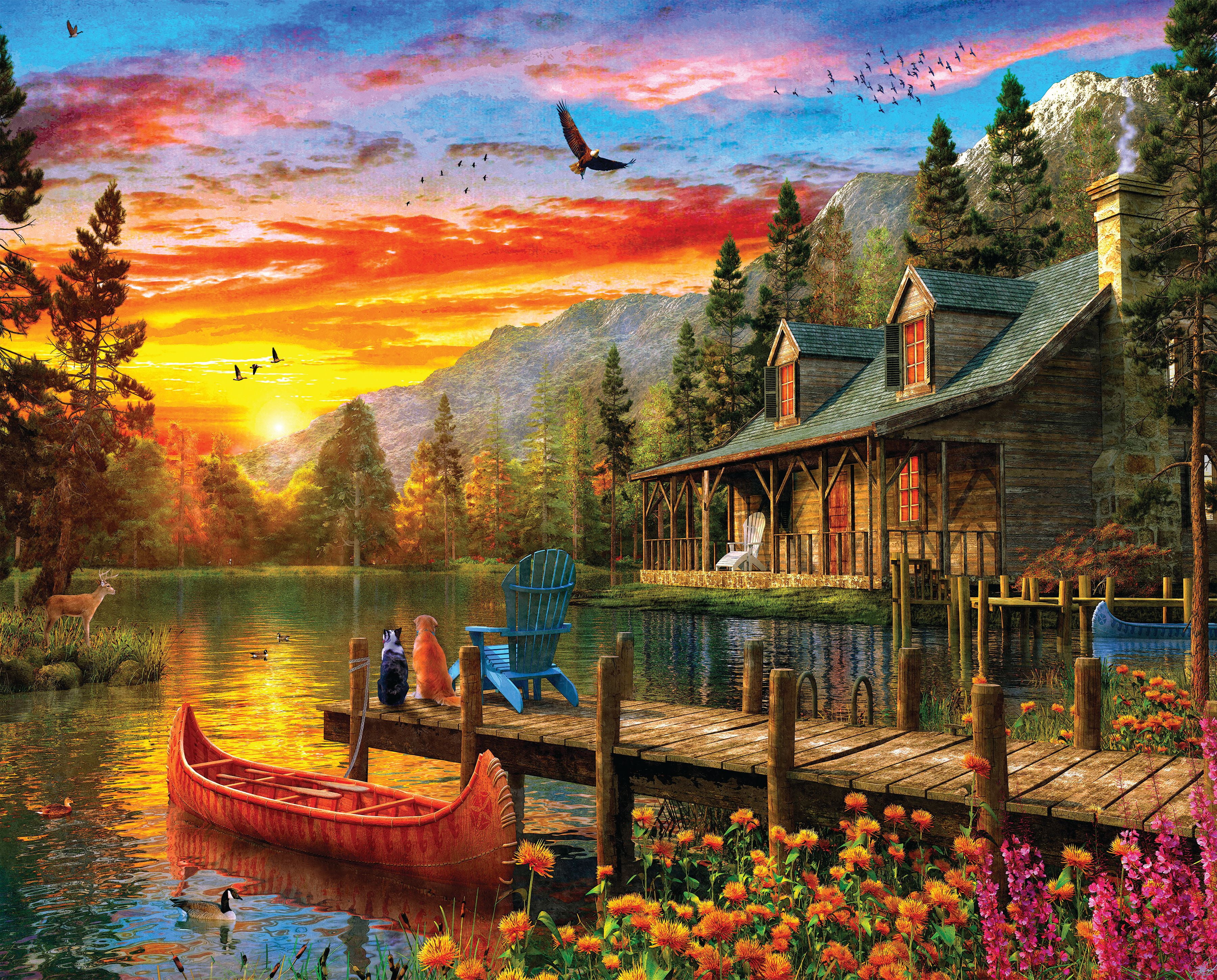 Springbok's 1500 Piece Jigsaw Puzzle Cabin Evening Sunset