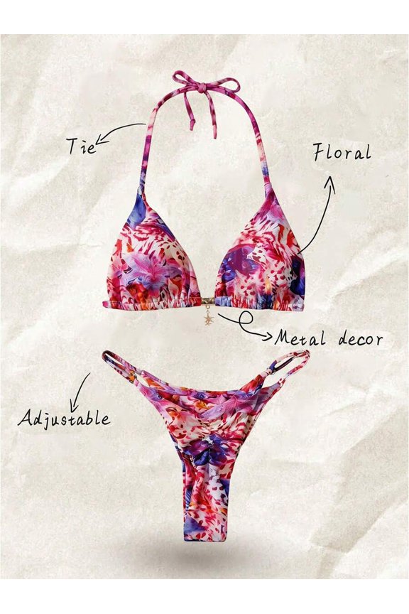 Springbreak Women's Random Print Spaghetti Strap Metallic Decor Sexy Bikini Set, Summer Beachwear