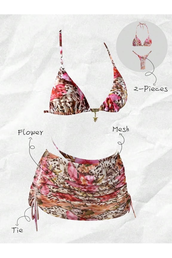 Springbreak Women's Random Print Spaghetti Strap Metallic Decor Sexy Bikini Set, Summer Beachwear