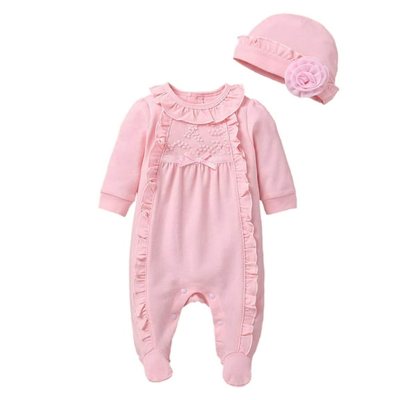 Springcmy 2Pcs Newborn Baby Girl Clothes 3D Flower Romper Jumpsuit Long Sleeve Ruffled Footie Bodysuit Hat Outfit Gifts Set Pink 2-4 Months