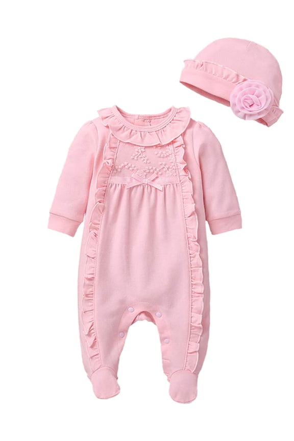 2Pcs Newborn Baby Girl Clothes 3D Flower Romper Jumpsuit Long Sleeve Ruffled Footie Bodysuit Hat Outfit Gifts Set Pink 6-8 Months