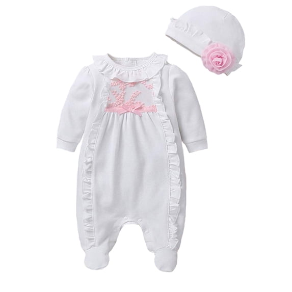 Springcmy 2Pcs Newborn Baby Girl Clothes 3D Flower Romper Jumpsuit Long Sleeve Ruffled Footie Bodysuit Hat Outfit Gifts Set White 4-6 Months