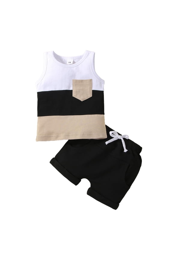 2Pcs Toddler Baby Boys Tank Tops Pants Suit Sleeveless Patchwork Crew Tank Tees Casual Short Outfits Sets