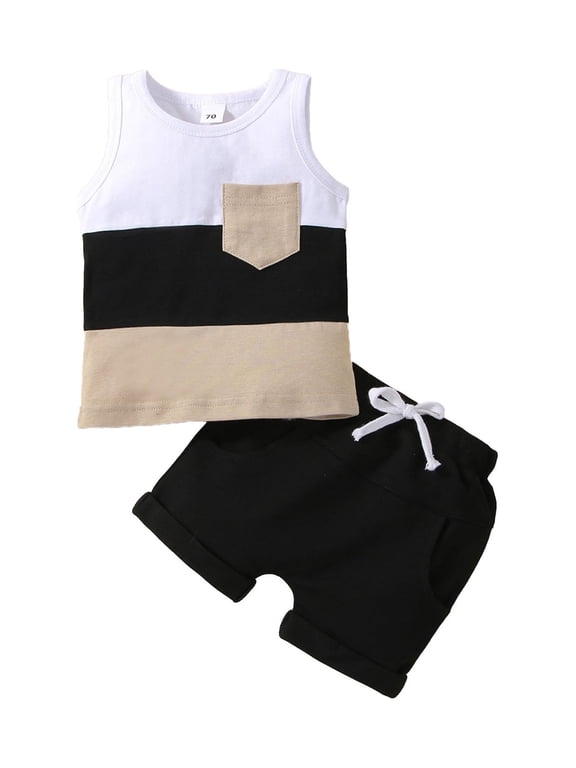 2Pcs Toddler Baby Boys Tank Tops Pants Suit Sleeveless Patchwork Crew Tank Tees Casual Short Outfits Sets