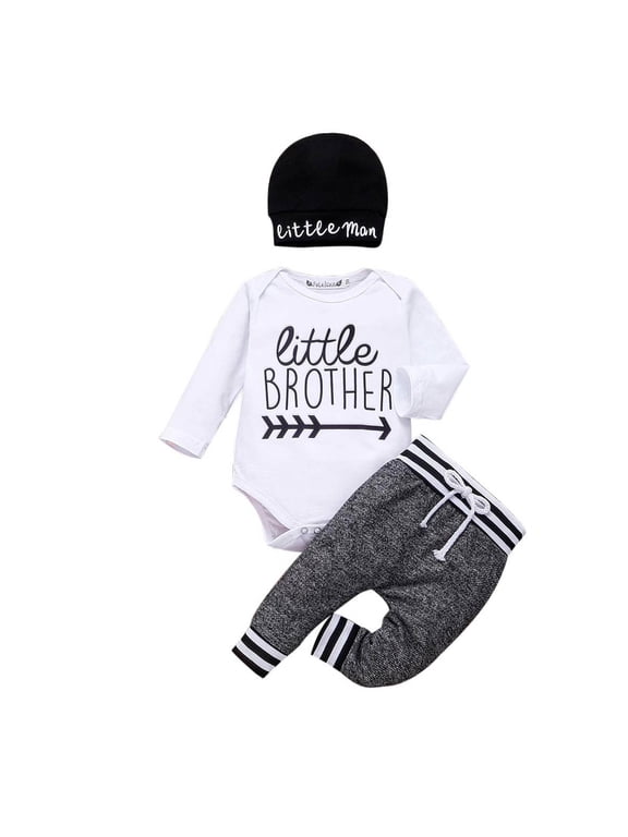 3Pcs Newborn Infant Baby Boy Little Brother Long Sleeve Romper Pant Beanie Hat Outfits Clothes