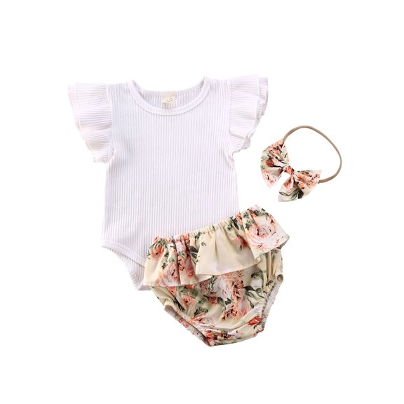 Springcmy 3Pcs Newborn Infant Baby Girl Clothes Ruffle Romper Bodysuit Floral Shorts 3M 6M 12M 18M Summer Outfit Set