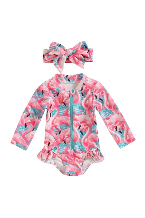 Baby Girls One-Piece Swimsuit, 6-9 Months, Red Flamingo, Ruffle, Zipper, SPF Protection