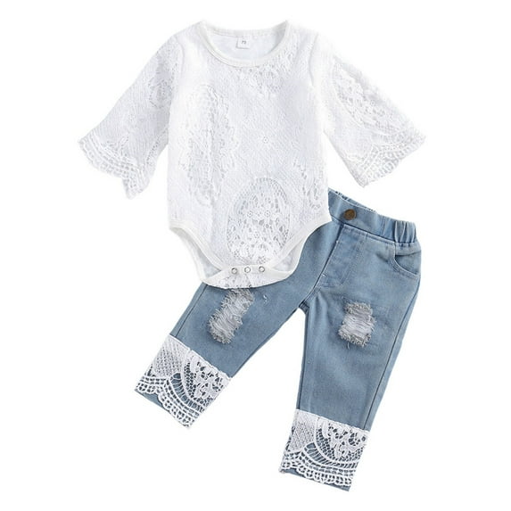 Springcmy Baby Girls' Outfits Set Lace Romper Suit Lace Floral top with Long Demin Pants