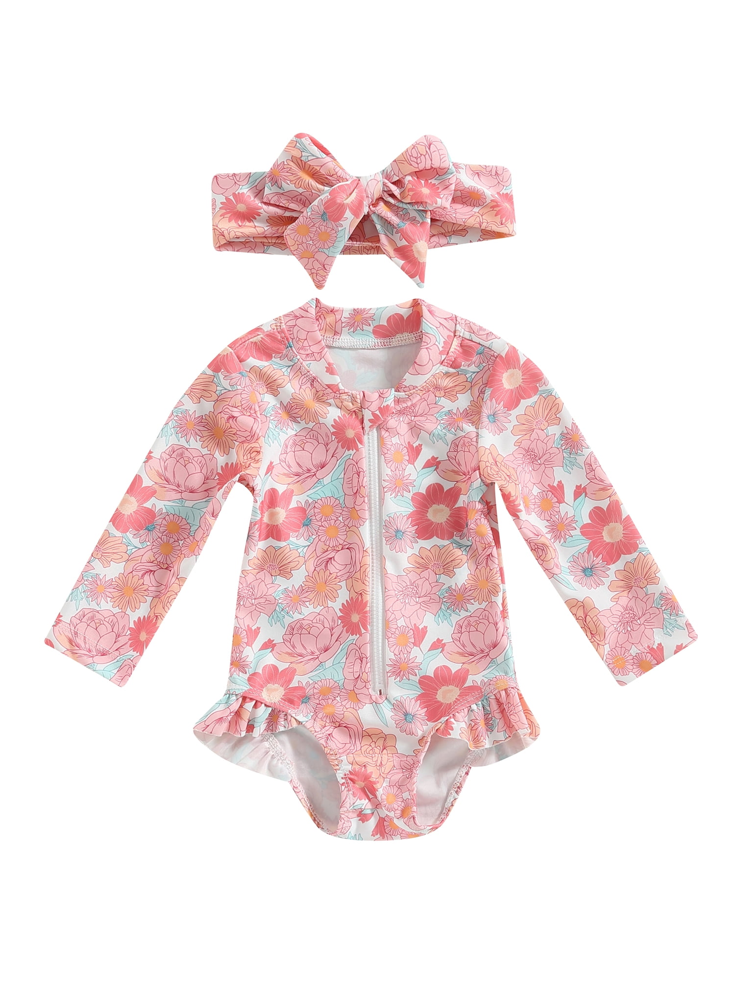 Springcmy Baby Girls Swimsuit One Piece Floral Zipper Ruffle Toddler ...