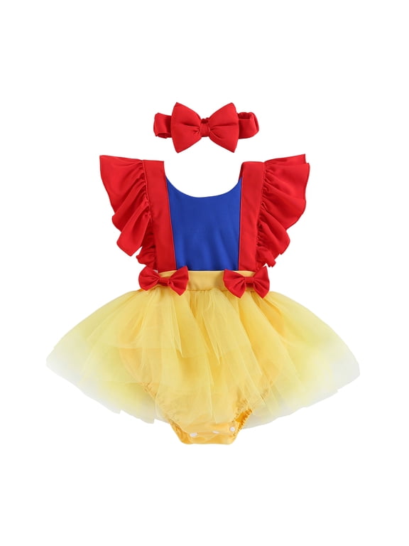 Infant Baby Girl Princess Romper Dress Summer Ruffle Sleeve Bowknot Tulle Tutu Jumpsuits Dress + Headband 2Pcs Outfit Set 0-6 Months