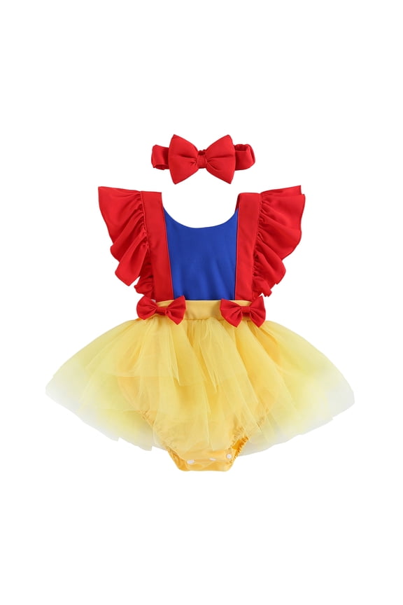 Infant Baby Girl Princess Romper Dress Summer Ruffle Sleeve Bowknot Tulle Tutu Jumpsuits Dress + Headband 2Pcs Outfit Set 18-24 Months