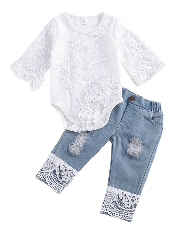 Infant Toddler Baby Girl Summer Clothes Set long Sleeve Romper Bodysuit Denim Pants Outfits