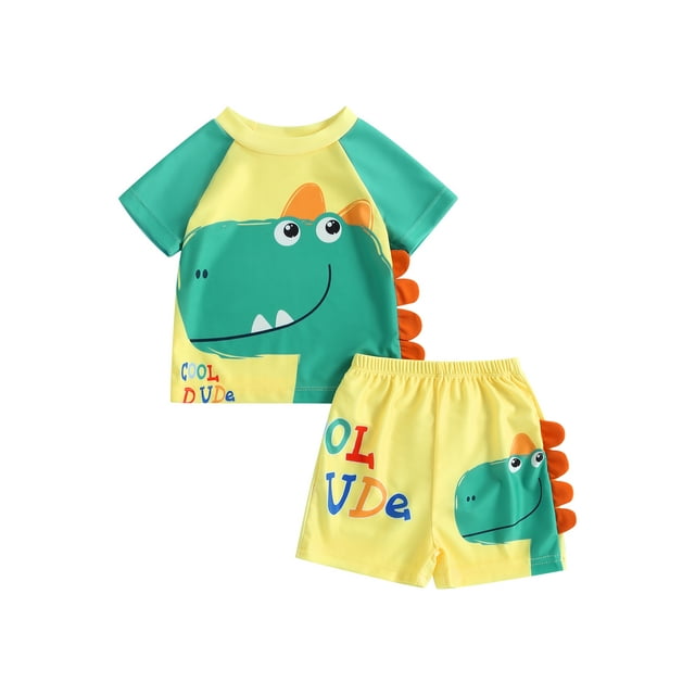 Springcmy Kids Baby Boys Swimsuit Bathing Suits Set 2 Piece Dinosaur Short Sleeve Rash Guard