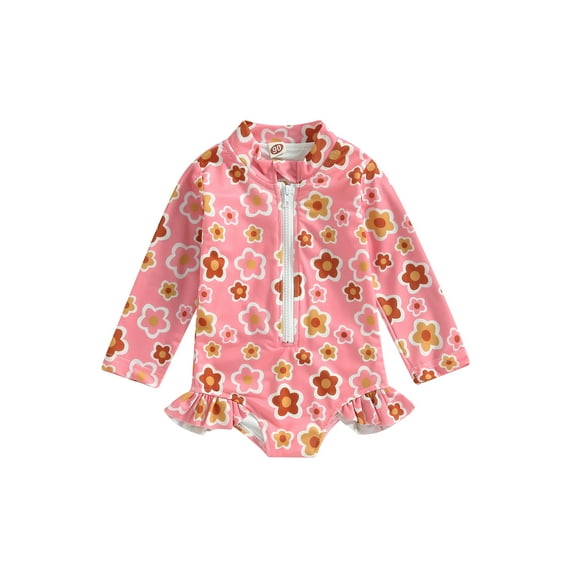 Springcmy Kids Baby Girls One Piece Swimsuit Zip Rash Guard Swimwear Ruffled Long Sleeve Jumpsuit Bathing Suit Pink 12-18 Months