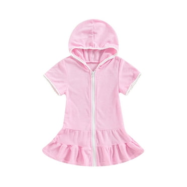 Springcmy Kids Little Girl Swim Cover Up Dress Toddler Towel Terry Swimsuit Wraps Zip Up Bathing Suit Robe Pool Beach Coverup Pink 2-3 Years
